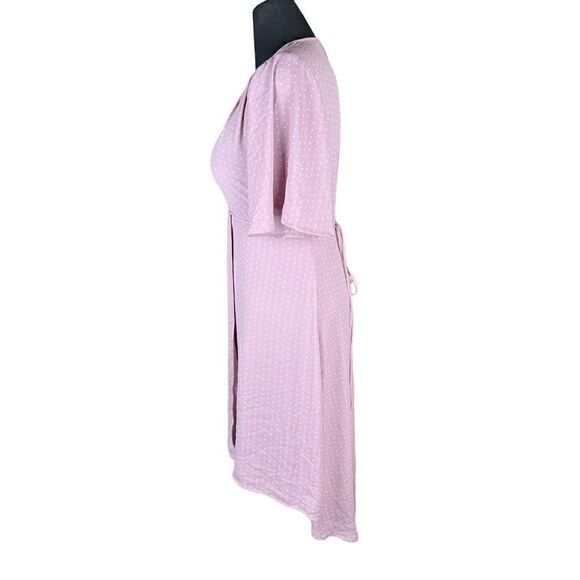 Lulus Farah Mauve Print Midi Wrap Dress high low dainty white triangles small - Picture 6 of 9